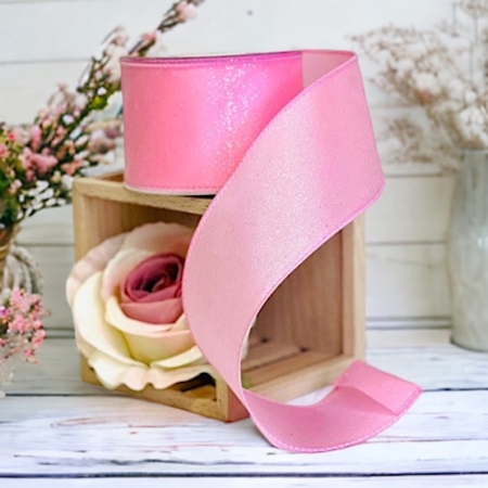 Rosa dekorband med ståltrådskant och subtilt glitter