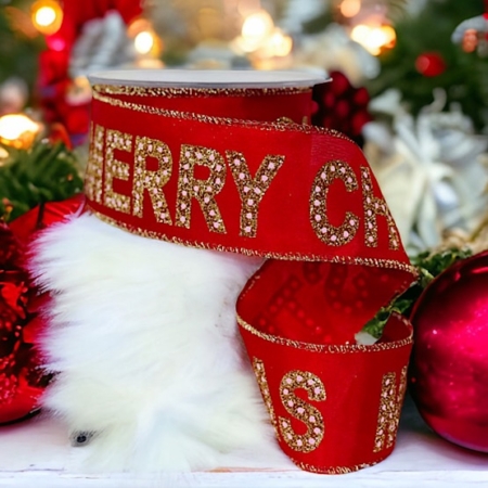 Rött satinband med glittrande text Merry Christmas