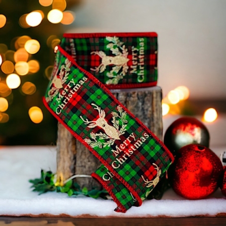 Skotskrutigt band med guldrenar och texten Merry Christmas