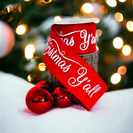 Rött dekorband med vit text Christmas Yáll