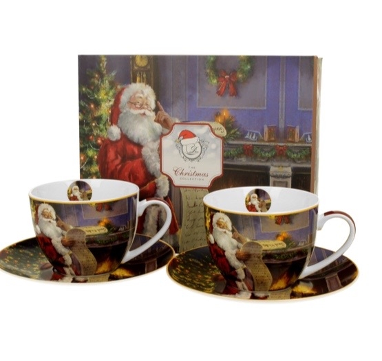 Kaffekoppar med jultomte i presentförpackning