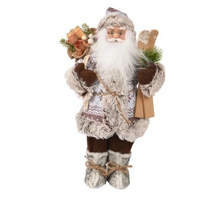 Tomte med pälskappa och skidor