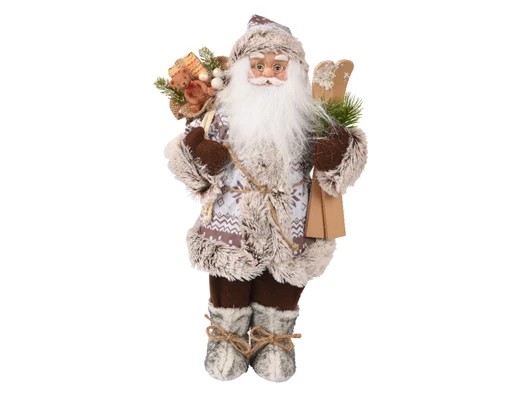 Tomte med pälskappa och skidor