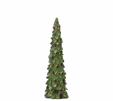 Smal grön gran med röda bär och belysning